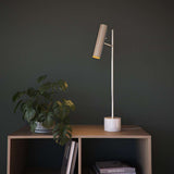 Elegant bordslampa från sackit med slank metallarm cylindrisk skärm och marmorfot på träskåp med växt i nordisk interiör