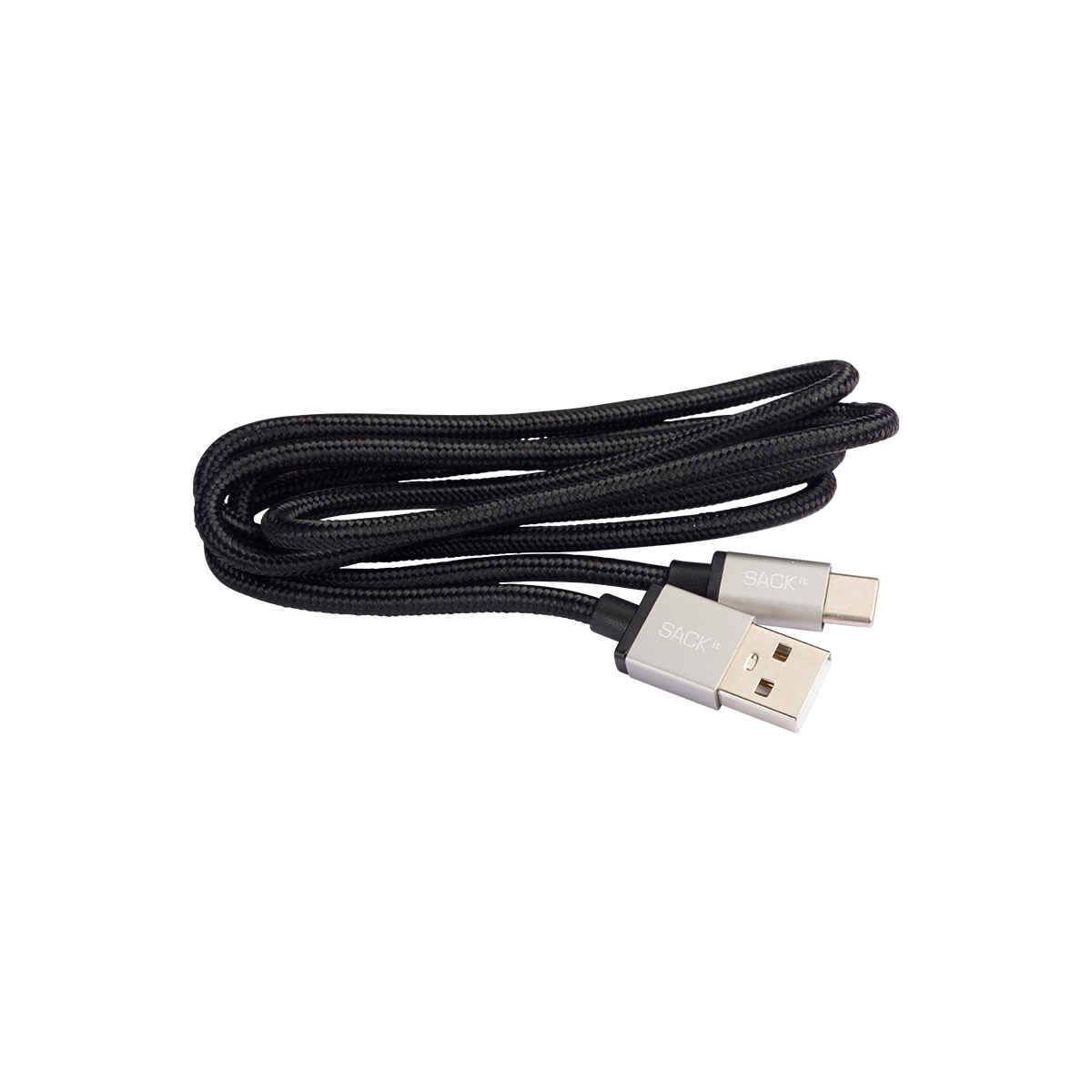 Svart flätad USB C laddningskabel från sackit med USB kontakt och USB C kontakt för laddning av CHARGEit en meter lång