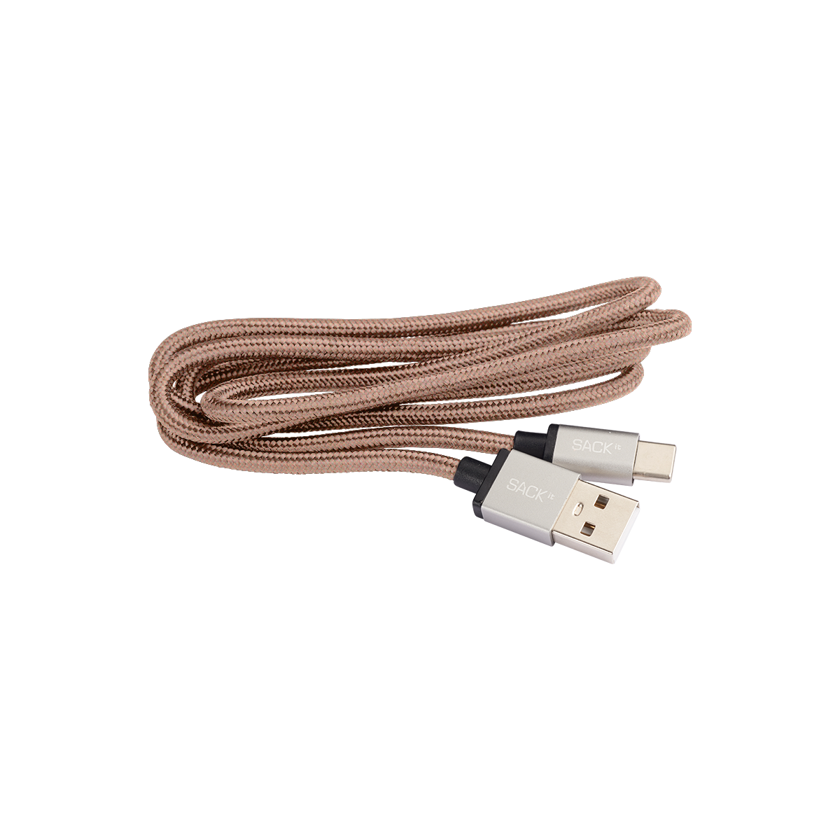 Flätad USB C laddningskabel i brun ton med USB kontakt och USB C kontakt från sackit, en meter lång