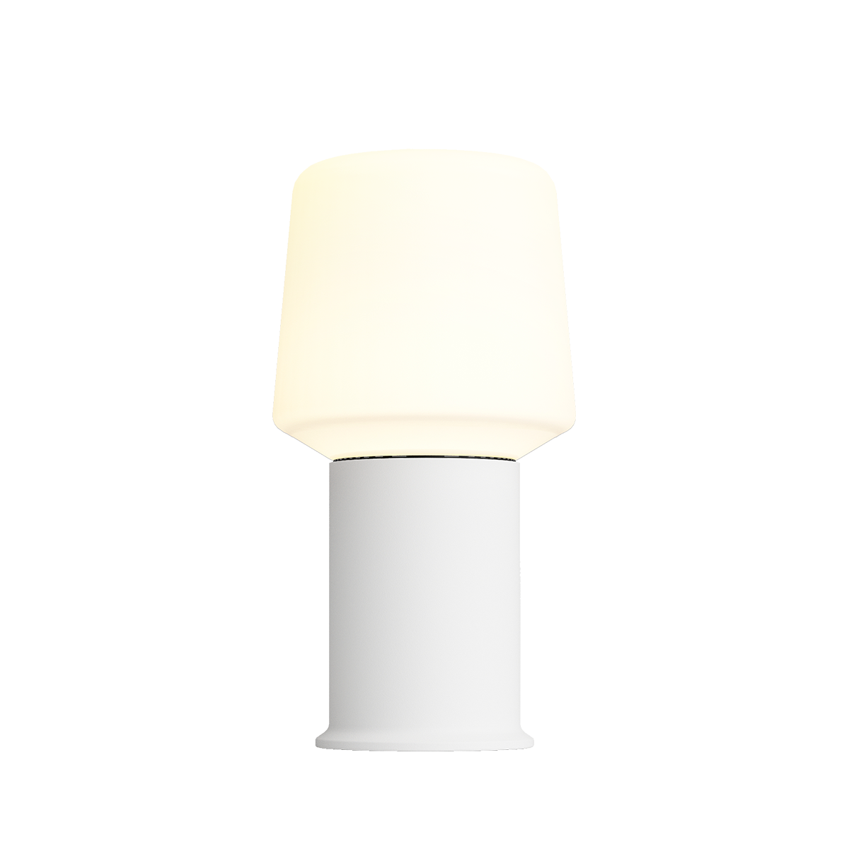 Vit trådlös bordslampa med mjukt ljus och rundad skärm från sackit för flexibel användning inomhus och utomhus