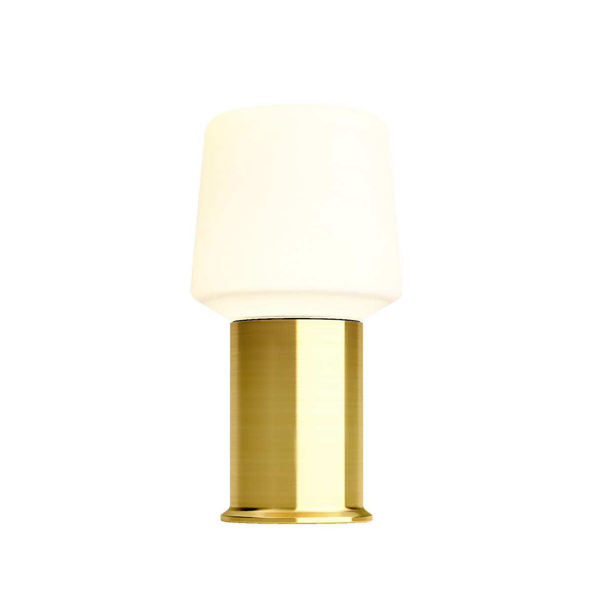 Trådlös bordslampa från sackit med mässingsfärgad fot och mjukt krämvit lampskärm för flexibel belysning inne och ute
