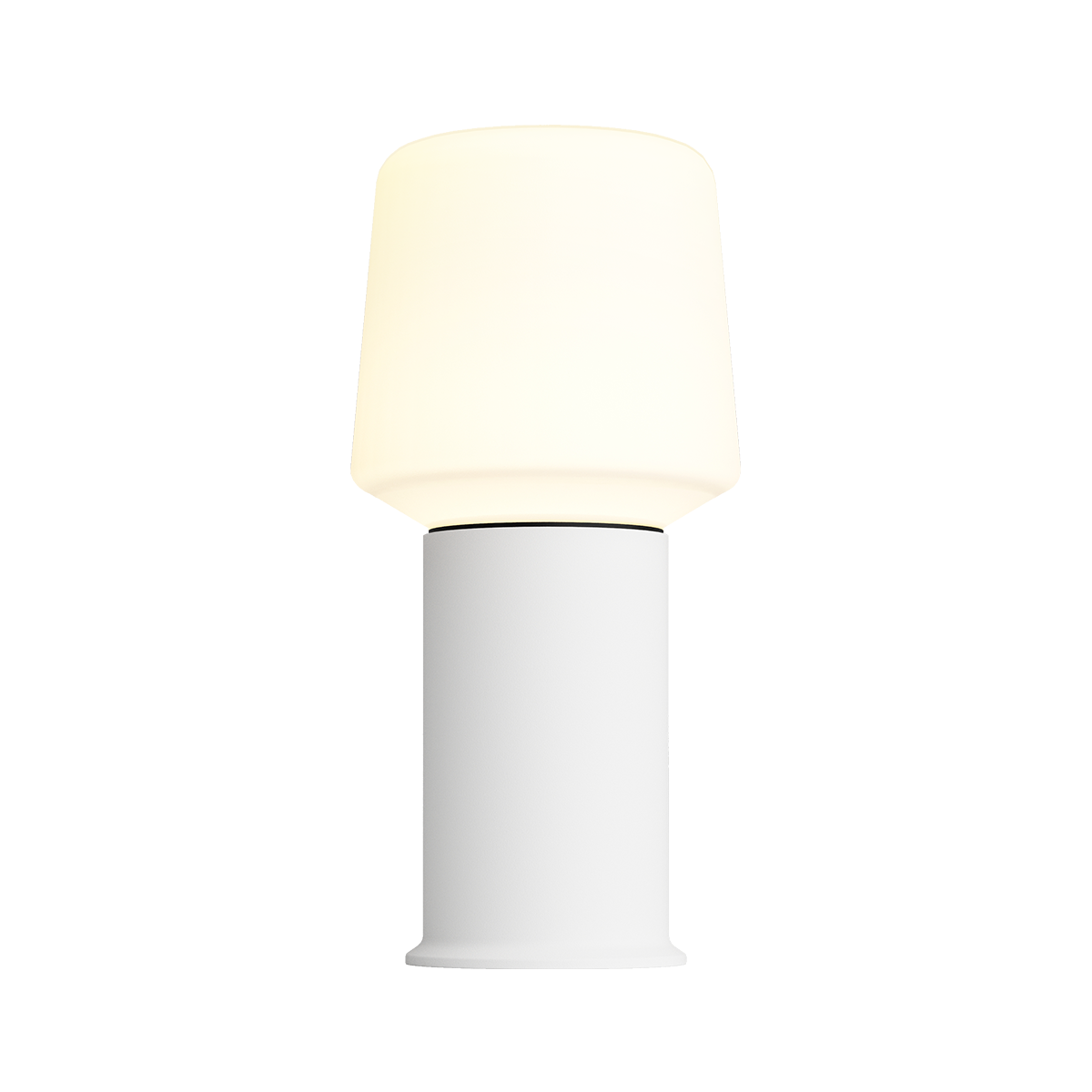 Vit trådlös bordslampa med mjukt lysande rundad lampskärm och cylindrisk fot från sackit för stilren belysning inomhus eller utomhus
