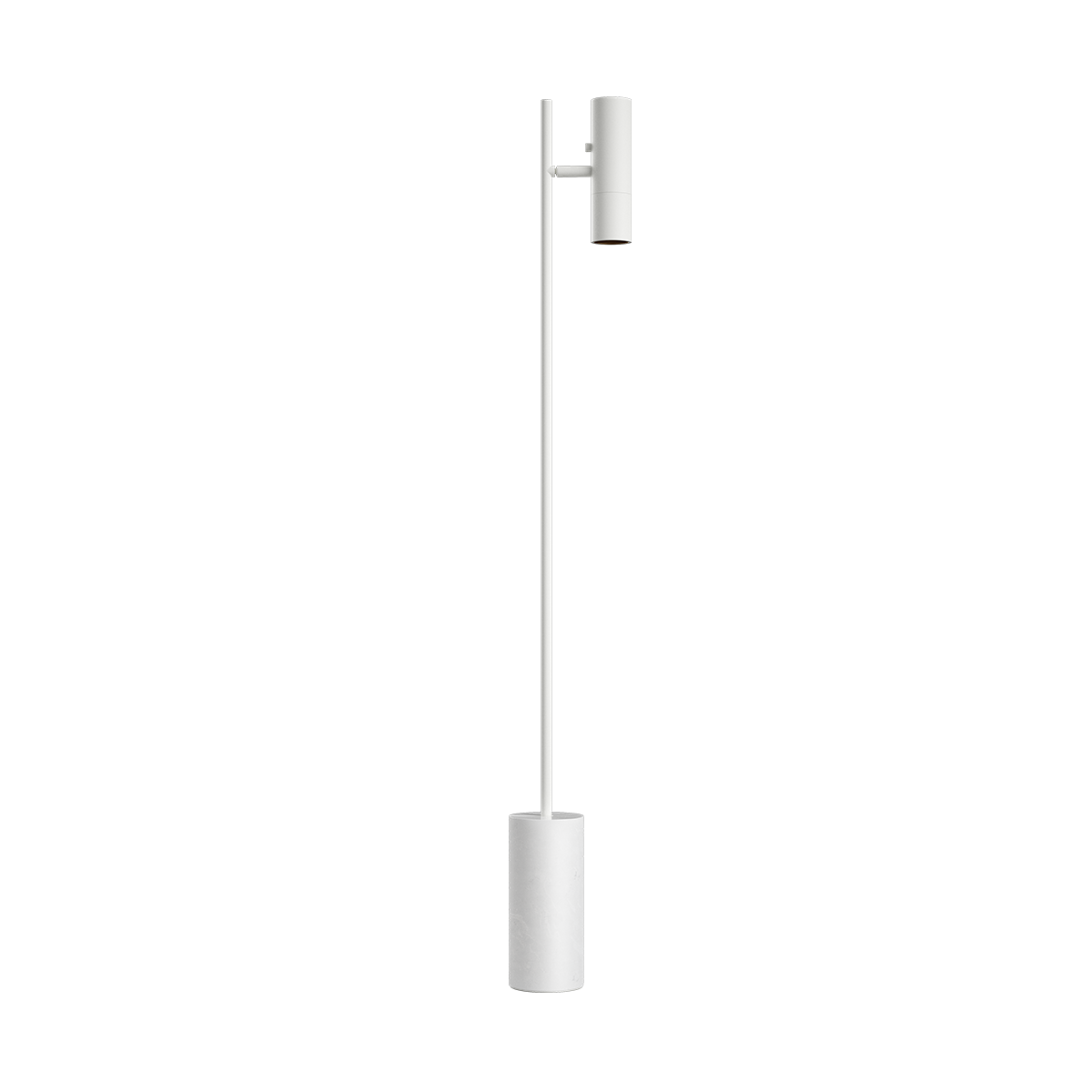 Slank golvlampa från sackit i aluminium med cylindrisk marmorfot och riktbart lamphuvud i minimalistisk nordisk design för stämningsfull belysning inomhus
