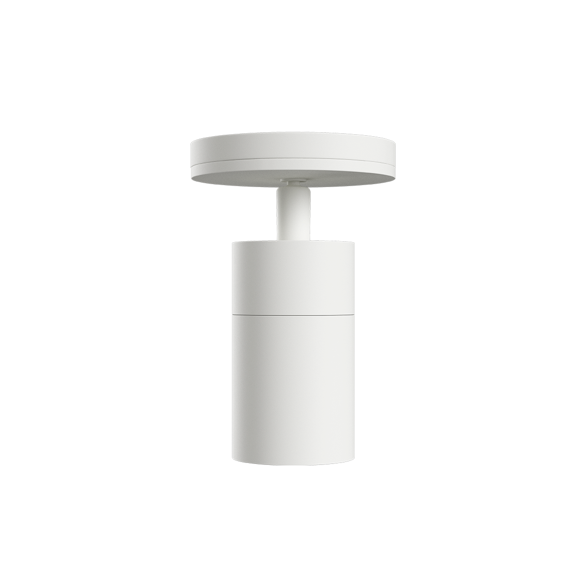 Vit taklampa från sackit med rund takkåpa och cylindrisk skärm i minimalistisk dansk design för stilren inomhusbelysning