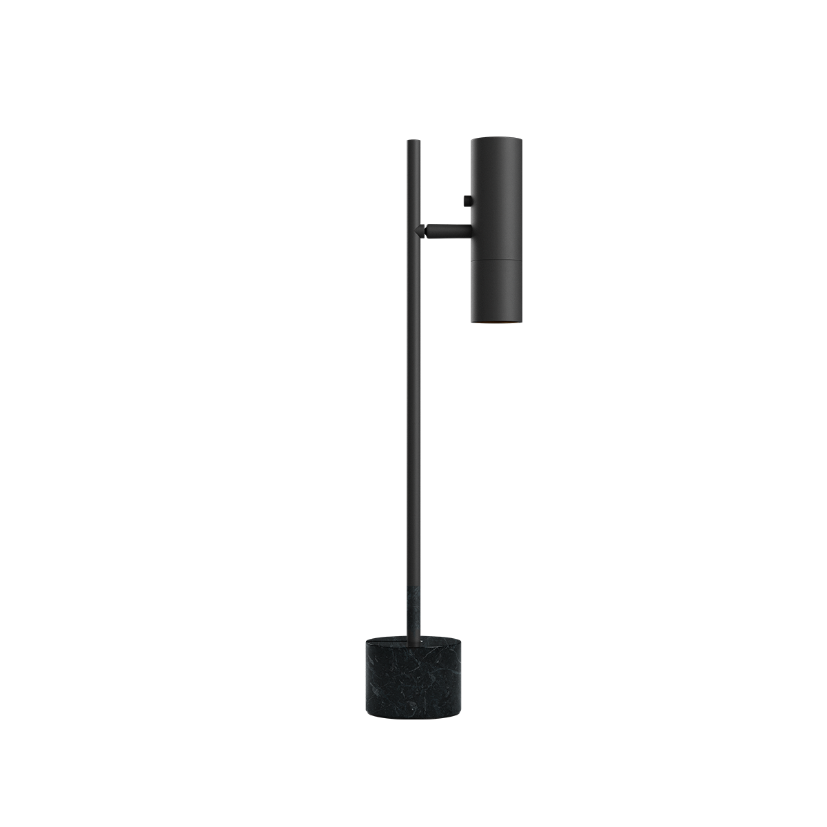Svart bordslampa med slank aluminiumprofil cylindrisk skärm och massiv marmorfot i minimalistisk nordisk design