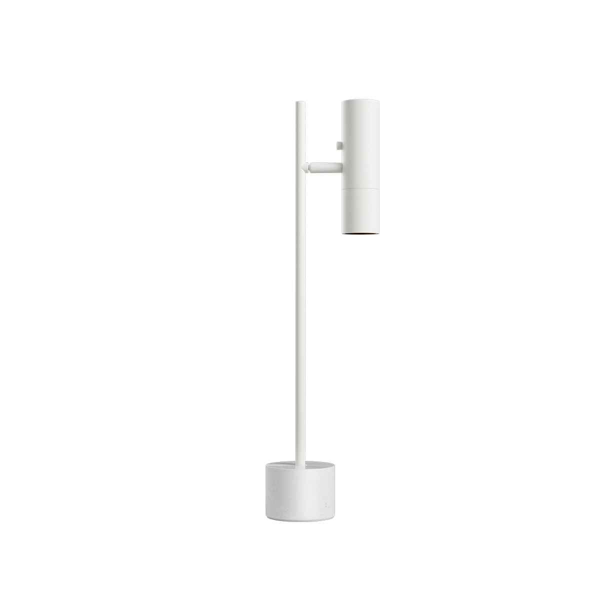 Vit Expo bordslampa med slank aluminiumstomme, cylindrisk lampskärm och rund fot, minimalistisk design för stilfull inomhusbelysning