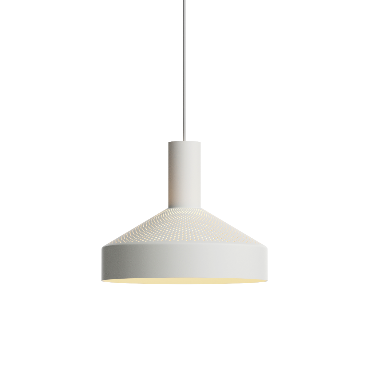 Vit pendellampa från sackit med perforerad ovansida och riktat ljus i modern nordisk design för inomhusbruk