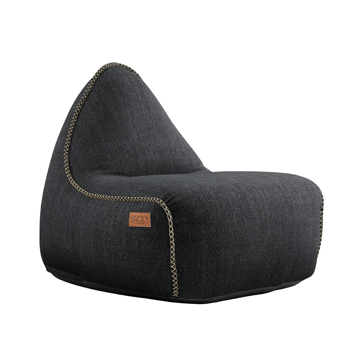 Mörkgrå loungestol i mjuk textil med hög rygg och bred sits från sackit för avkoppling inomhus eller utomhus