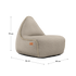 Beige loungefåtölj från sackit med mjuk form hög rygg dekorativa sömmar och rymlig sits mot svart bakgrund