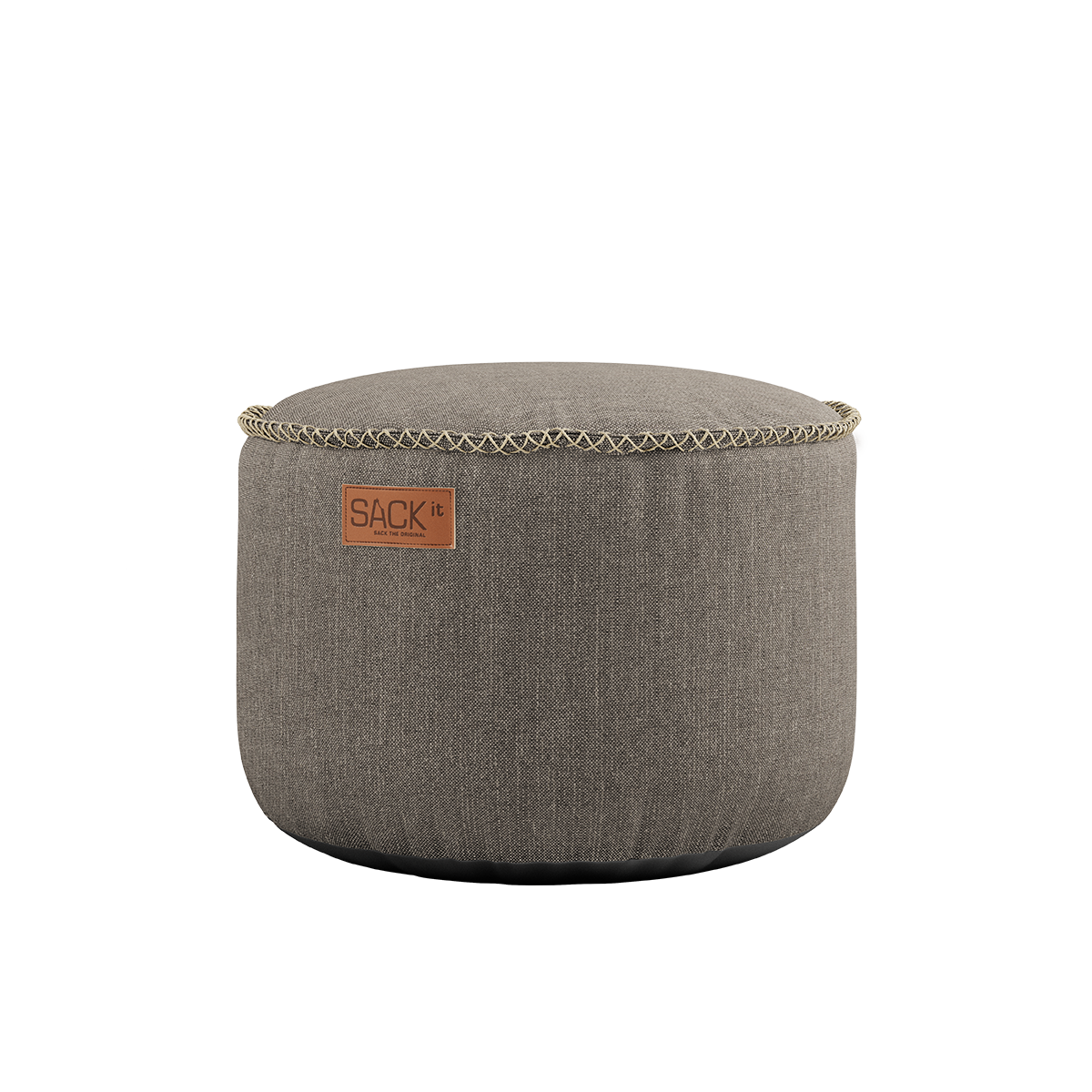 Grå rund sittpuff för uteplatsen från sackit med slitstarkt tyg vädertålig design och användning som fotpall eller extra sittplats