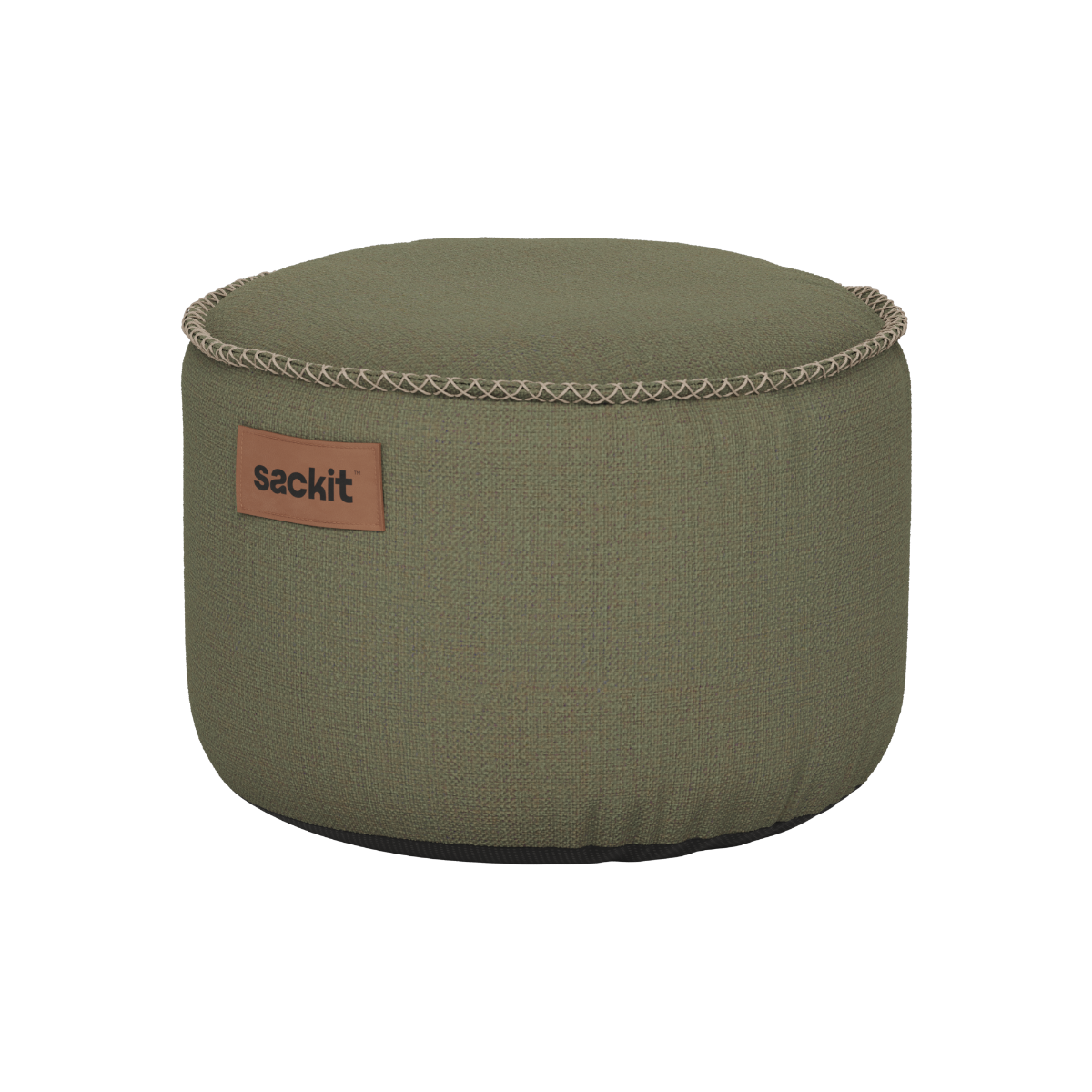 Grön rund sittpuff från sackit för utomhusbruk med slitstarkt tyg och vädertålig design som fotpall eller extra sittplats