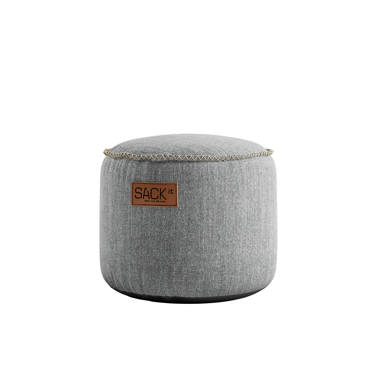 Grå vattenavvisande sittpuff från sackit för inom och utomhusbruk med slitstarkt tyg och bekväm rund form
