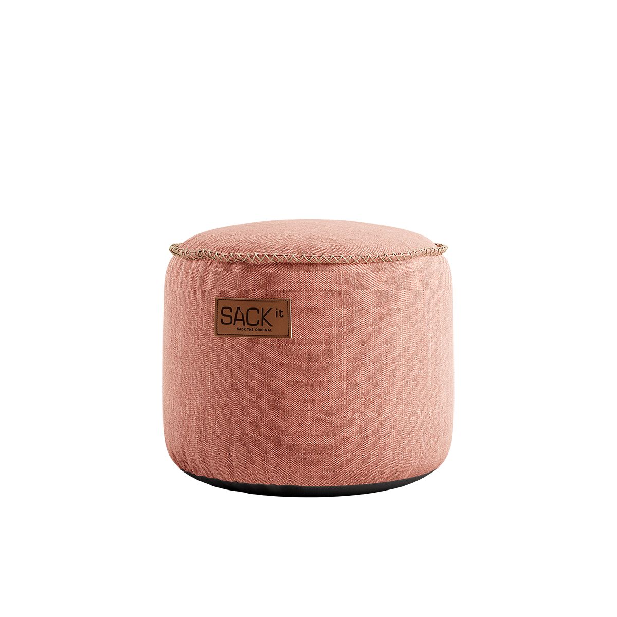 Rosa rund sittpuff från sackit i slitstarkt tyg med dekorativa sömmar och diskret logotyp för extra sittplats inne och ute