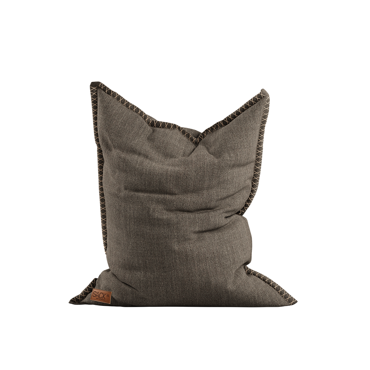 Brungrå saccosäck från sackit med mjuk textil, dekorativa sömmar och en avslappnad form för bekvämt sittande inne och ute