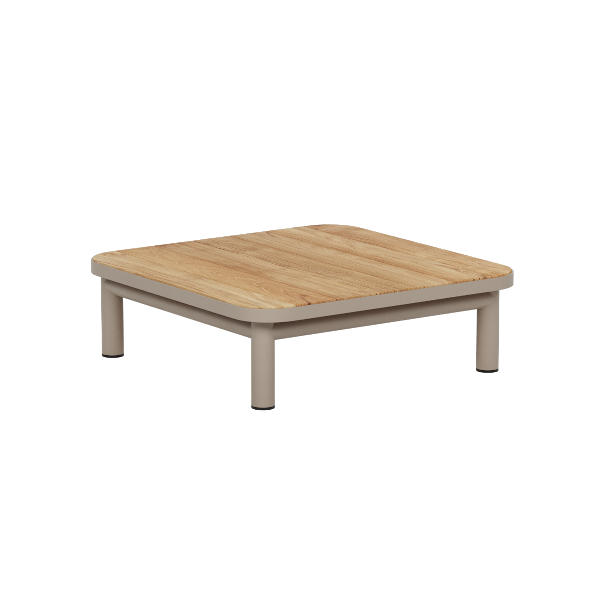 Lågt soffbord för utomhusbruk med bordsskiva i teak och pulverlackerat aluminium från sackit för nordiskt väder och stilfulla loungemiljöer