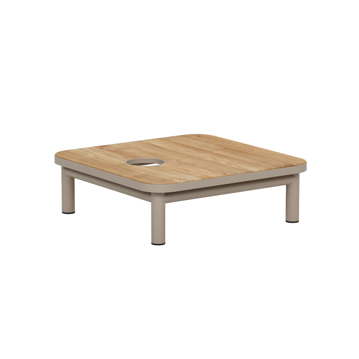 sackit utomhus soffbord i pulverlackerad aluminium med kvadratisk bordsskiva i teak och integrerat hål för parasoll vädertålig design för nordiskt klimat