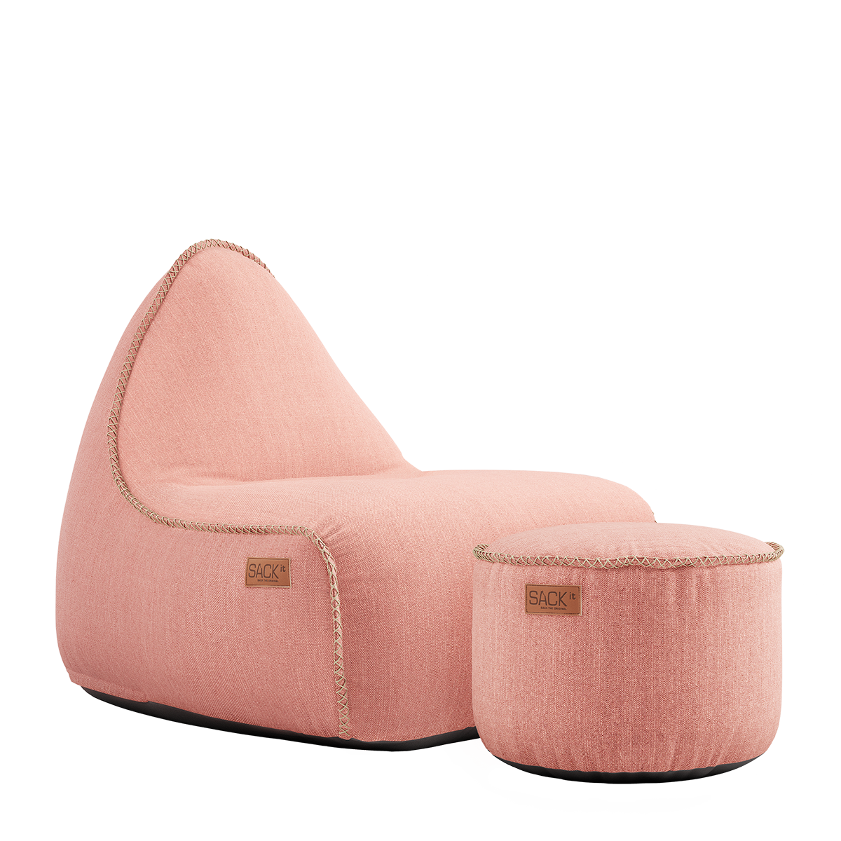 Rosa loungefåtölj med matchande puff från sackit vädertålig design för avkoppling utomhus eller inomhus