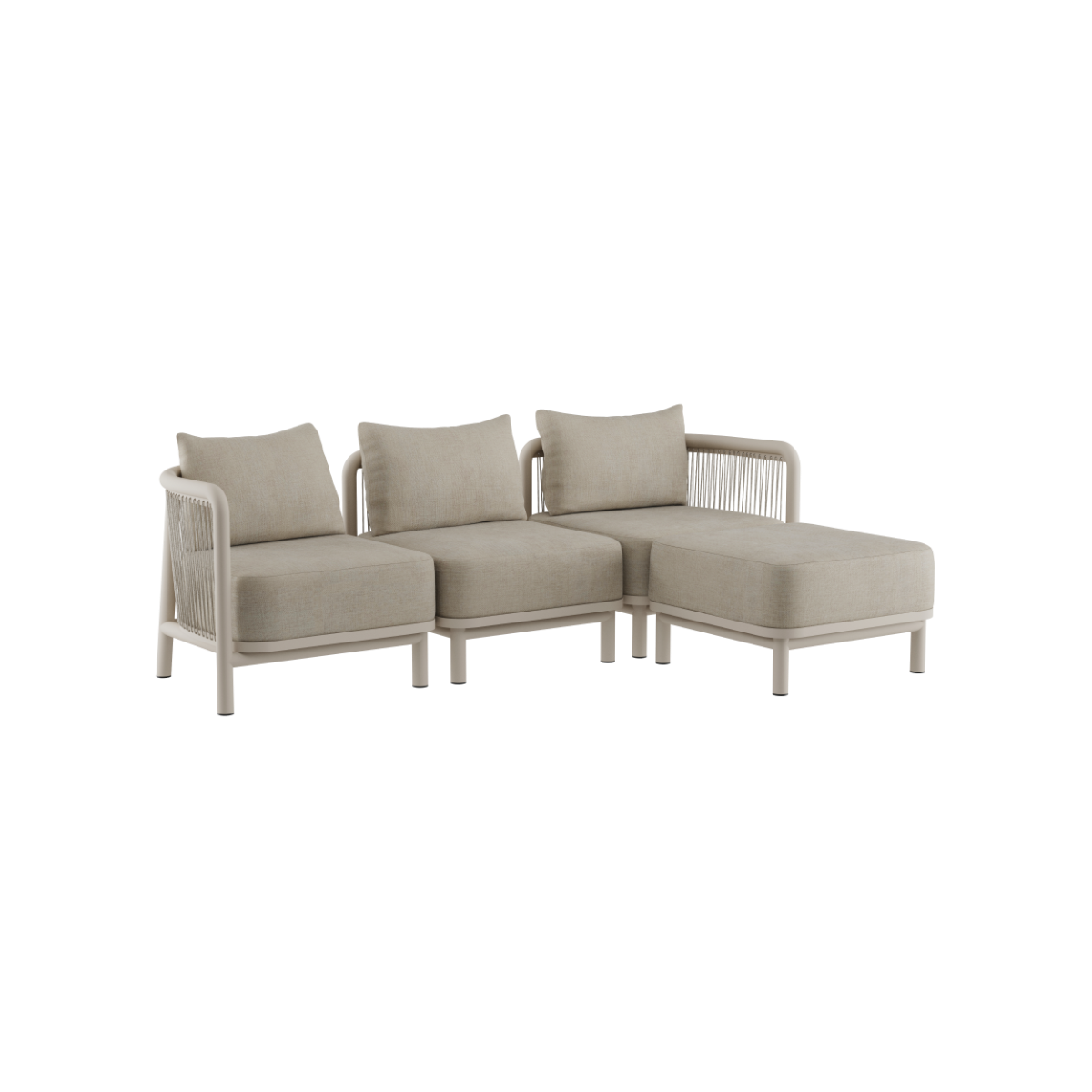 Beige modulär loungesoffa för utomhusbruk med tre sittplatser och schäslong från sackit med mjuka dynor och slitstark vävd stomme