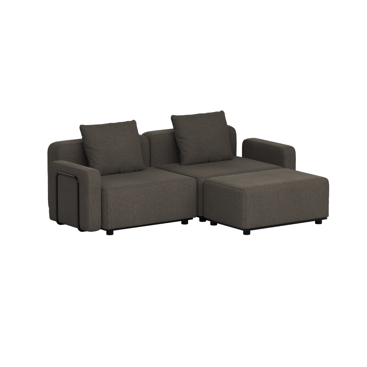 Mörkgrå modulär loungesoffa för utomhusbruk med två sittplatser och schäslong rena skandinaviska linjer från sackit designad i Danmark för nordiskt väder