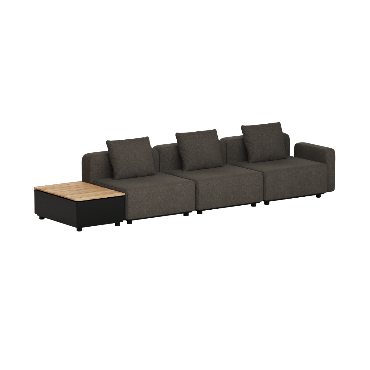 Mörkgrå modulär loungesoffa för utomhusbruk med tre sittplatser och integrerat förvaringsbord i trä från sackit designad i Danmark