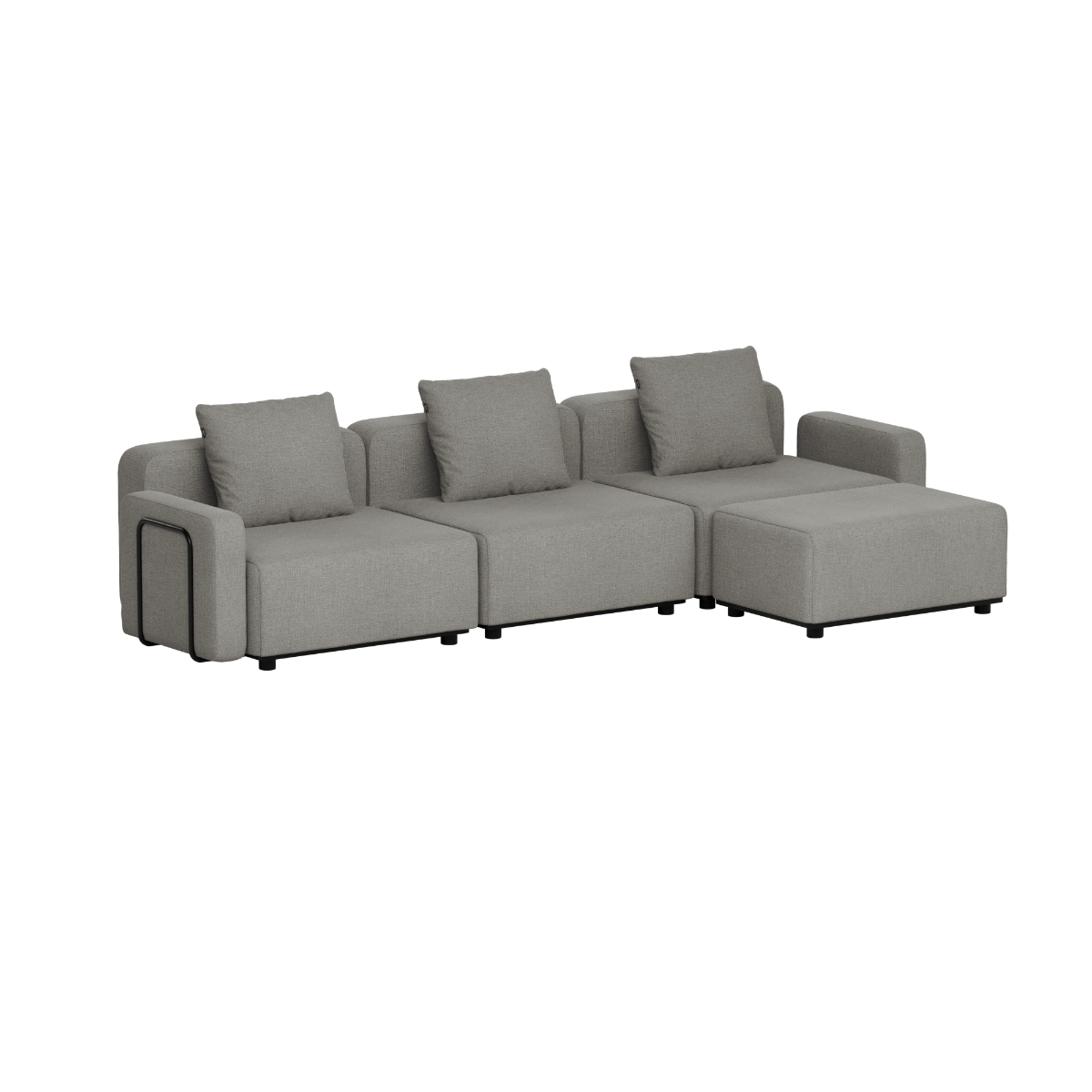 Grå modulär loungesoffa för utomhusbruk med tre sittplatser från sackit med rena skandinaviska linjer och bekväm schäslong för terrass och trädgård
