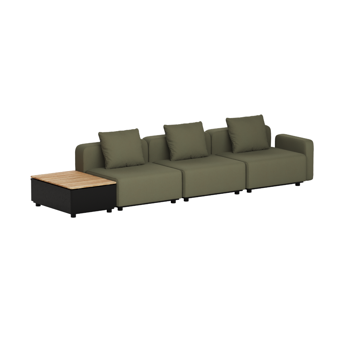 Olivegrön modulsoffa för utomhusbruk med tre sittplatser och sidobord med teakskiva från sackit för trädgård och terrass i nordisk design