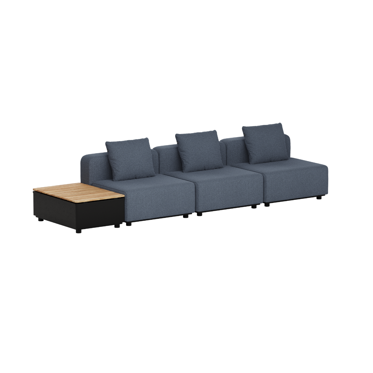 Mörkgrå modulär loungesoffa för utomhusbruk med tre sittplatser och sidobord i teak. Dansk design från sackit för terrass och trädgård