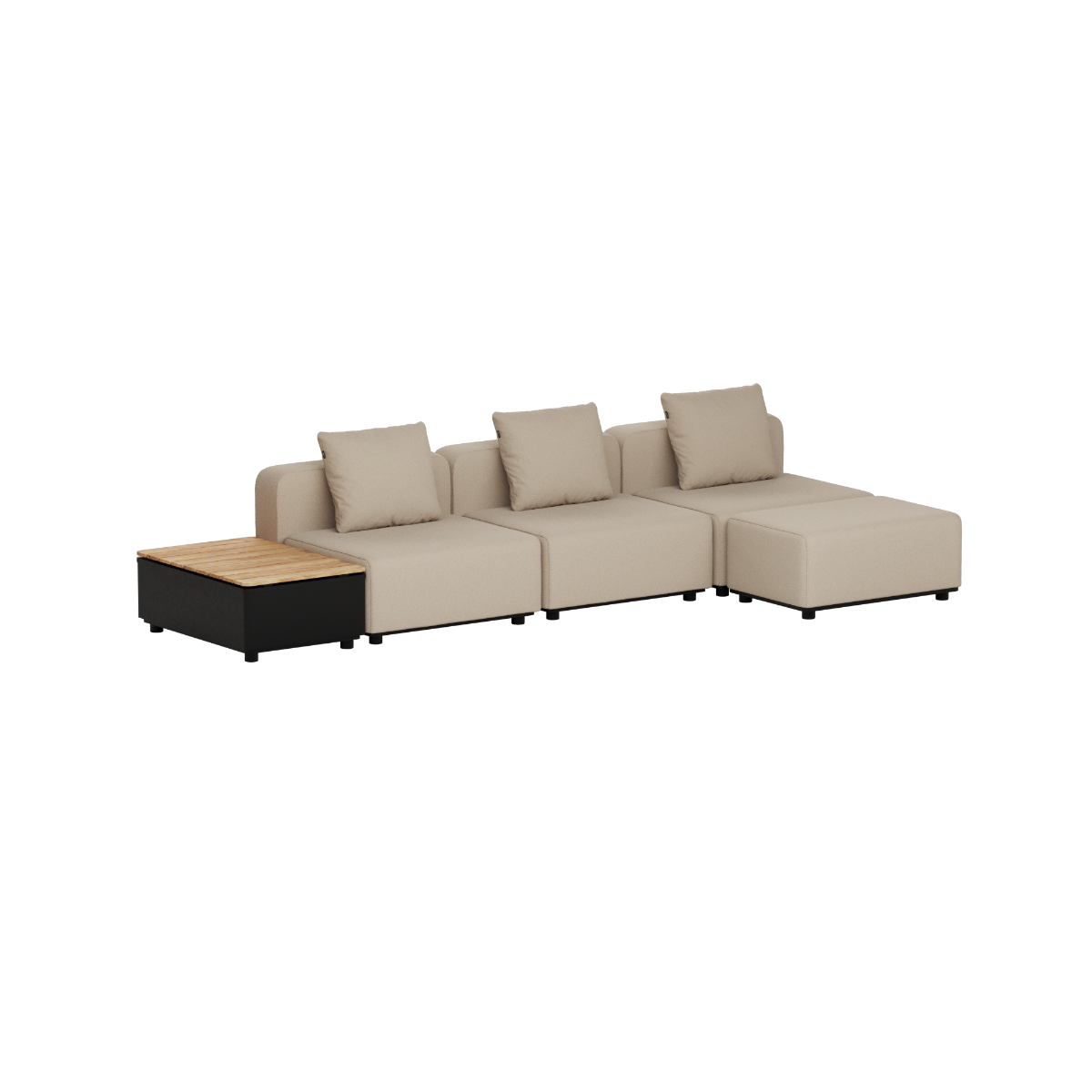 Beige modulbaserad utomhussoffa med tre sittplatser och schäslong samt svart sidobord med teakskiva från sackit Sweden för terrass och trädgård
