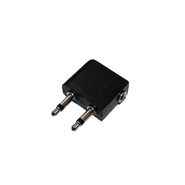 Airplane jack adapter with two 3.5 mm mono plugs to one 3.5 mm stereo plug on white background