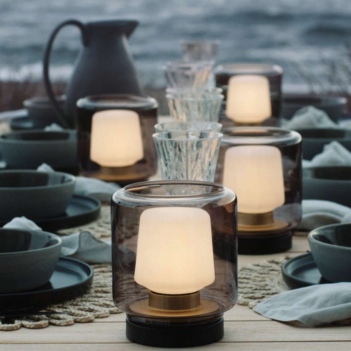 New York base lamp foot made of stainless steel and frosted smoked glass for indoor and outdoor use.