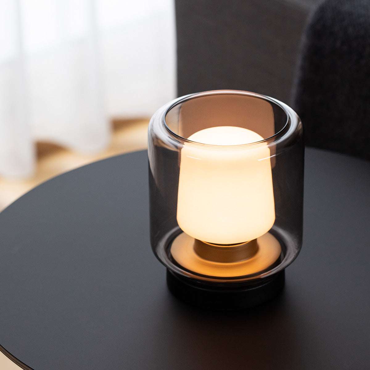 Ambience Lamp Intelligent with New York stainless steel base and smoked glass, suitable for indoor and outdoor use.