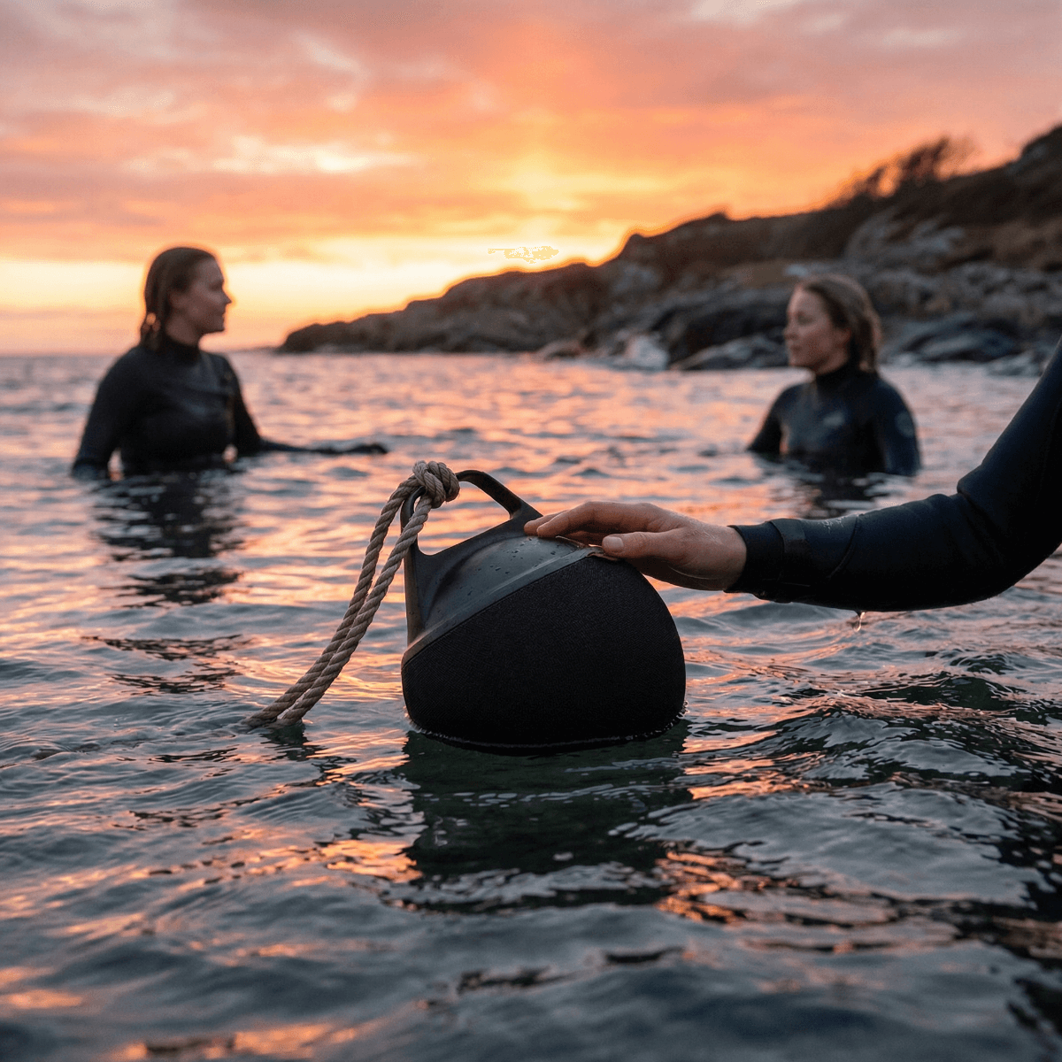 Vattentät högtalare från sackit flyter i havet vid solnedgången medan människor njuter av musik och bad i det nordiska landskapet