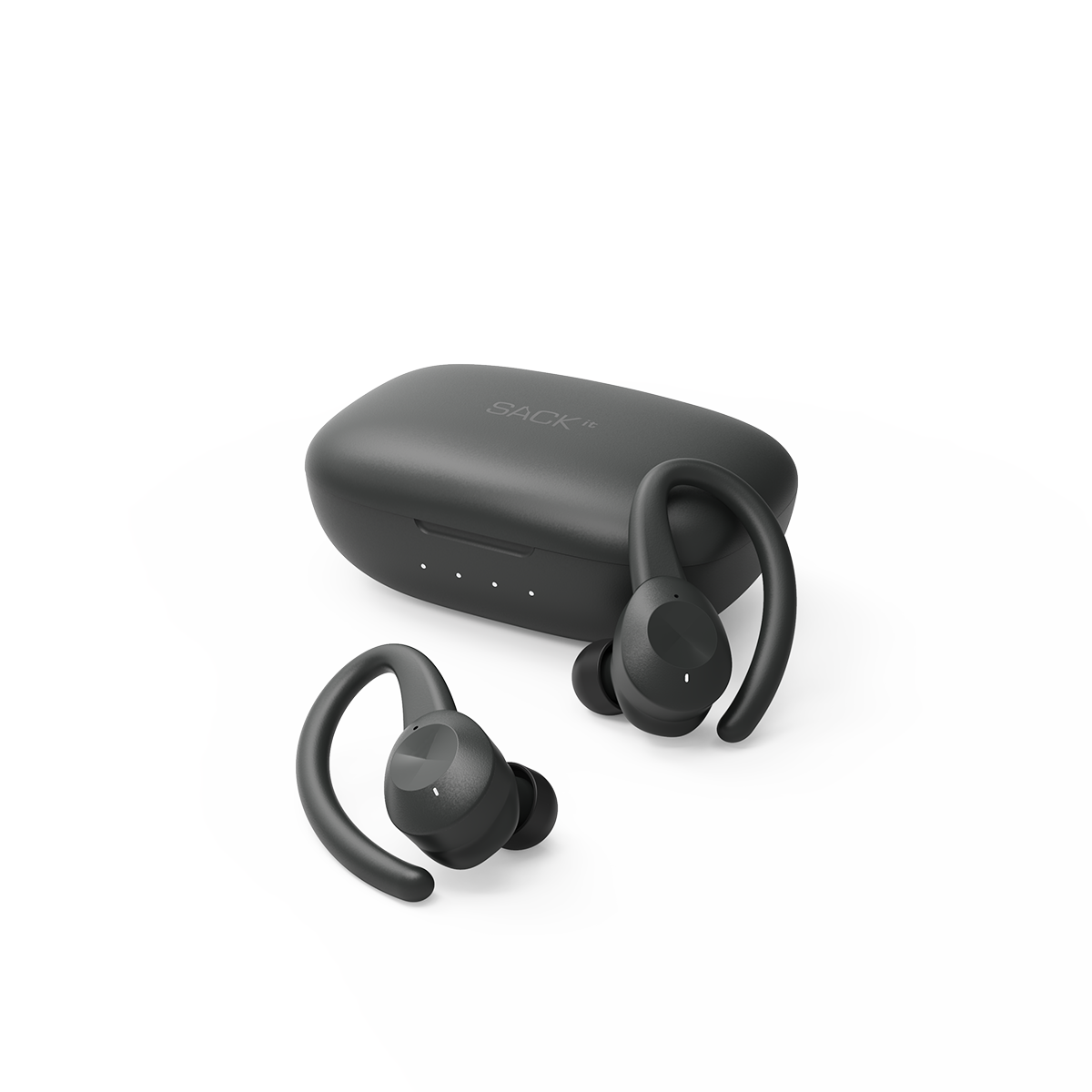 Black wireless Active 200 sports headphones with silicone ear hooks and charging case on white background.