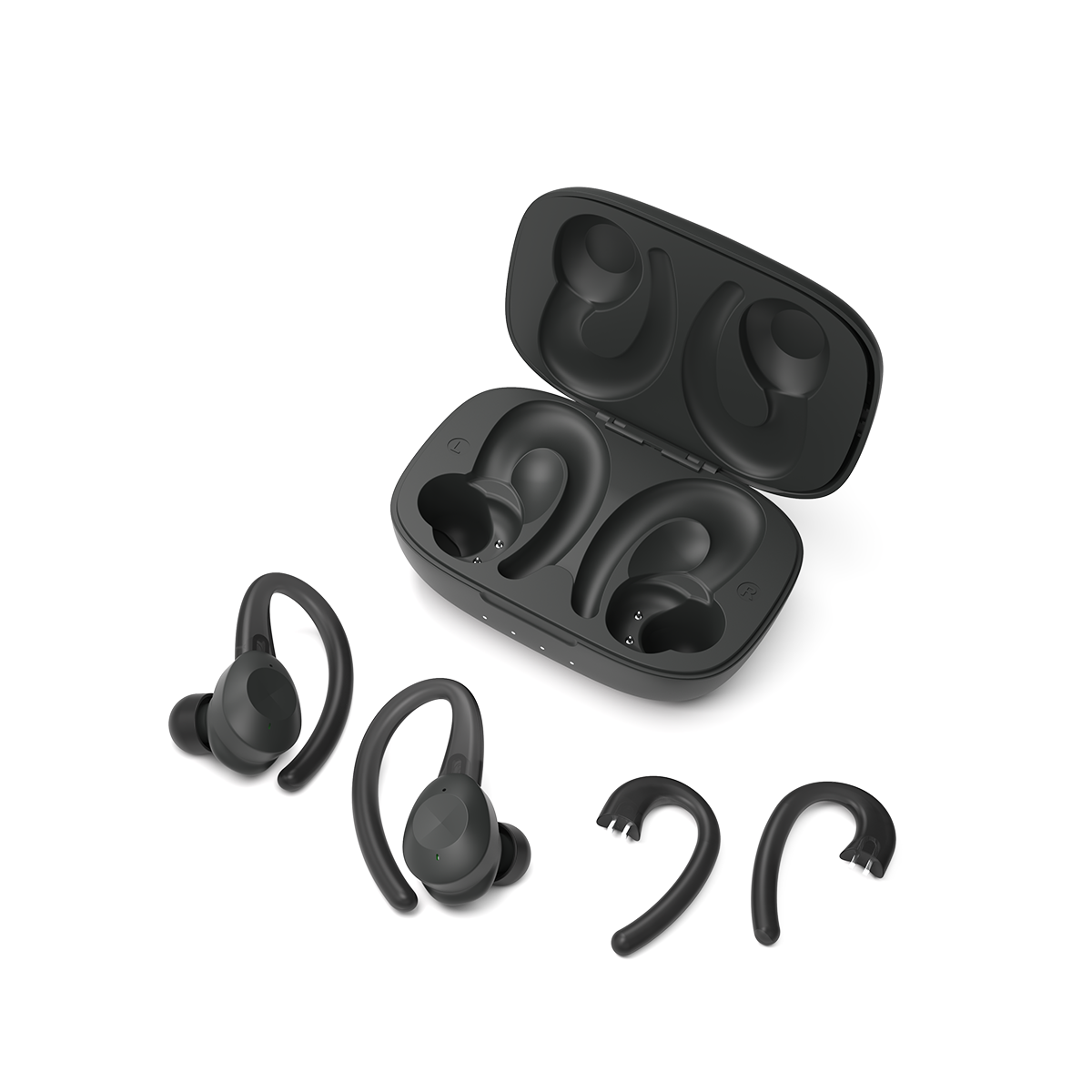 Black Active 200 wireless sports headphones with charging case and silicone ear tips on white background.