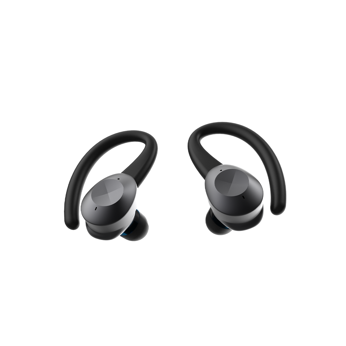 Wireless Active 200 headphones with charging case and silicone ear tips and hooks on a white background.