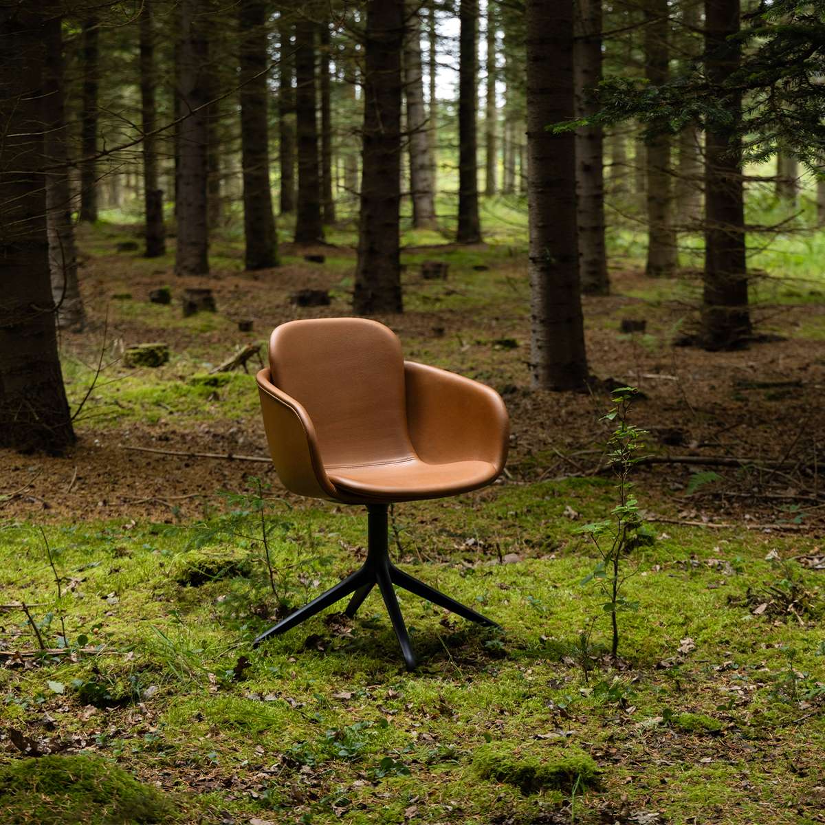 Brun läderklädd matstol med svart snurrstativ placerad bland mossa och träd i skogen från sackit