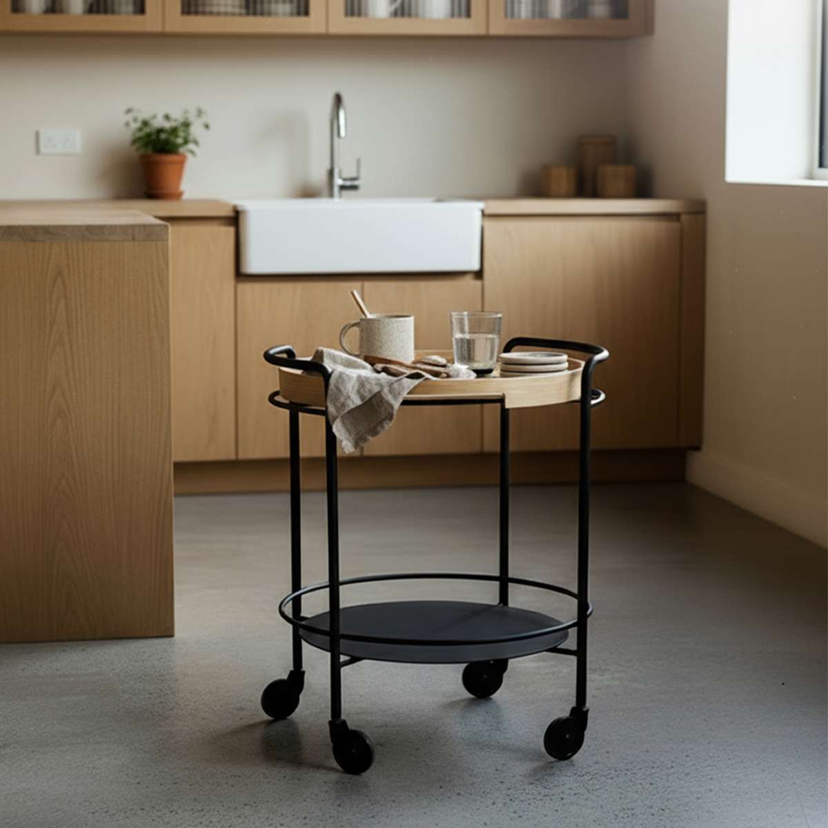 Serving Table w/ Nordic Serving Tray i naturlig ek – miljöbild