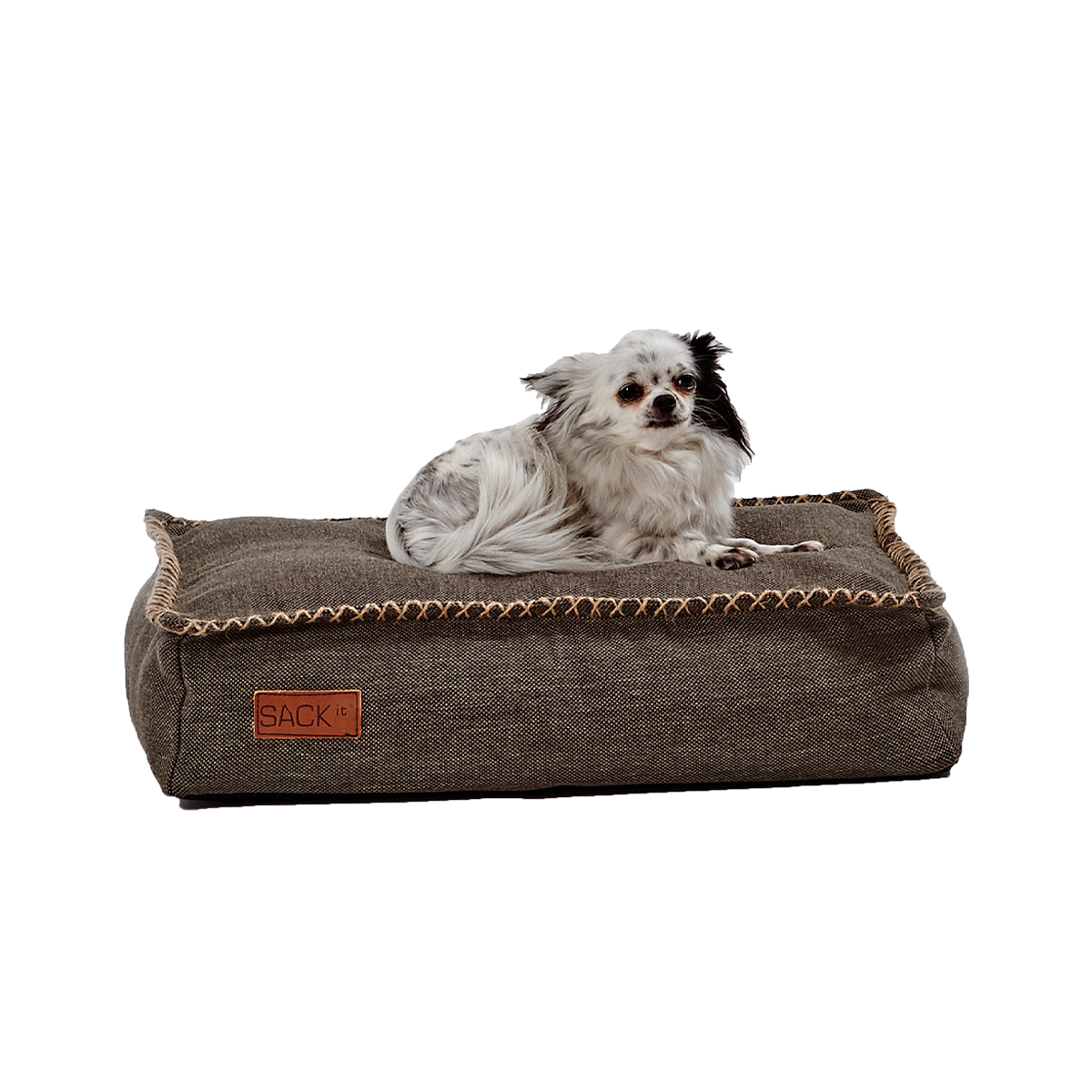 Liten hund vilar i en brun slitstark hundbädd från sackit med dekorativa kontrastsömmar för ett bekvämt och stilrent hem